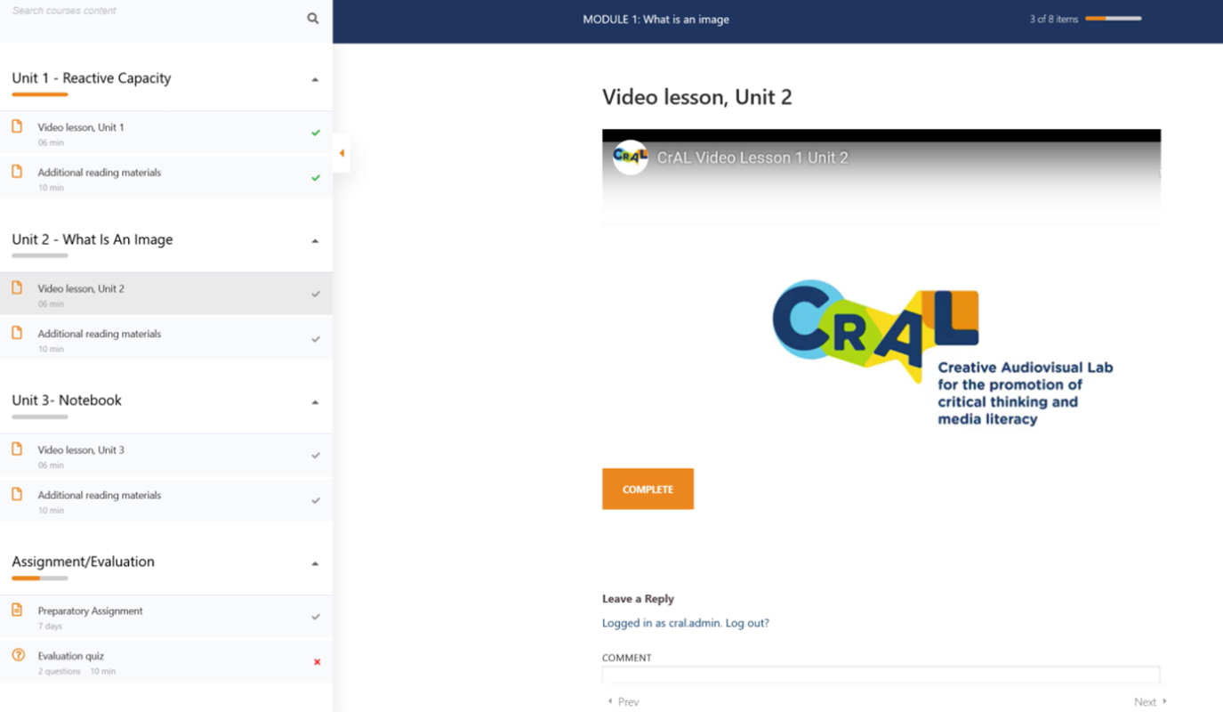 Screenshot of the Units and the learning objects of the CrAL e-Learning Course on the CrAL platform
